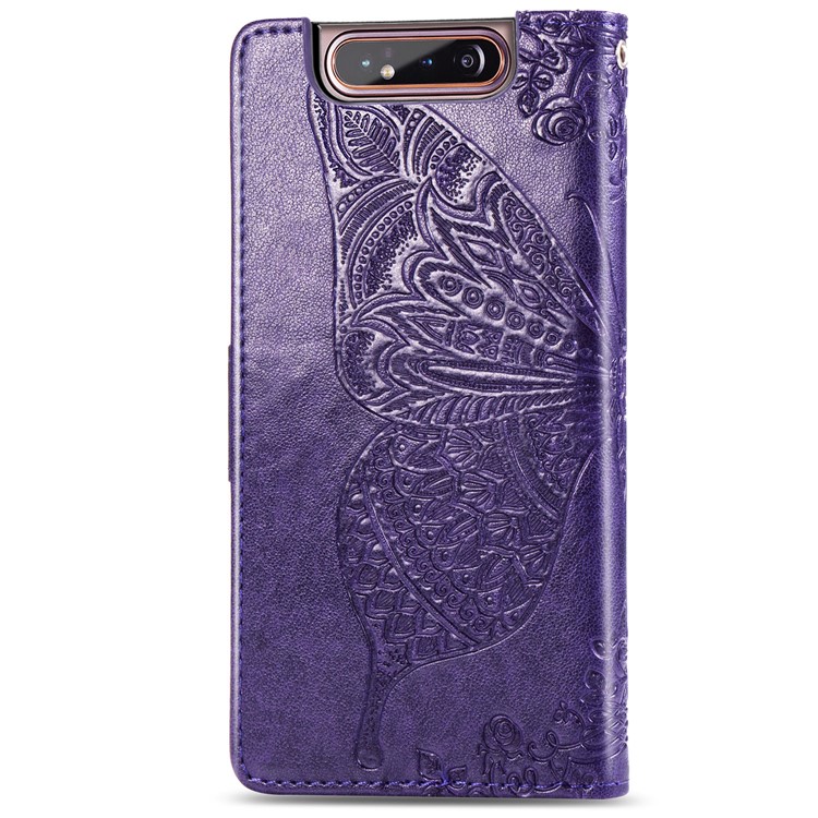 Imprint Butterfly Flower Leather Wallet Case for Samsung Galaxy A80/A90 - Dark Purple-3