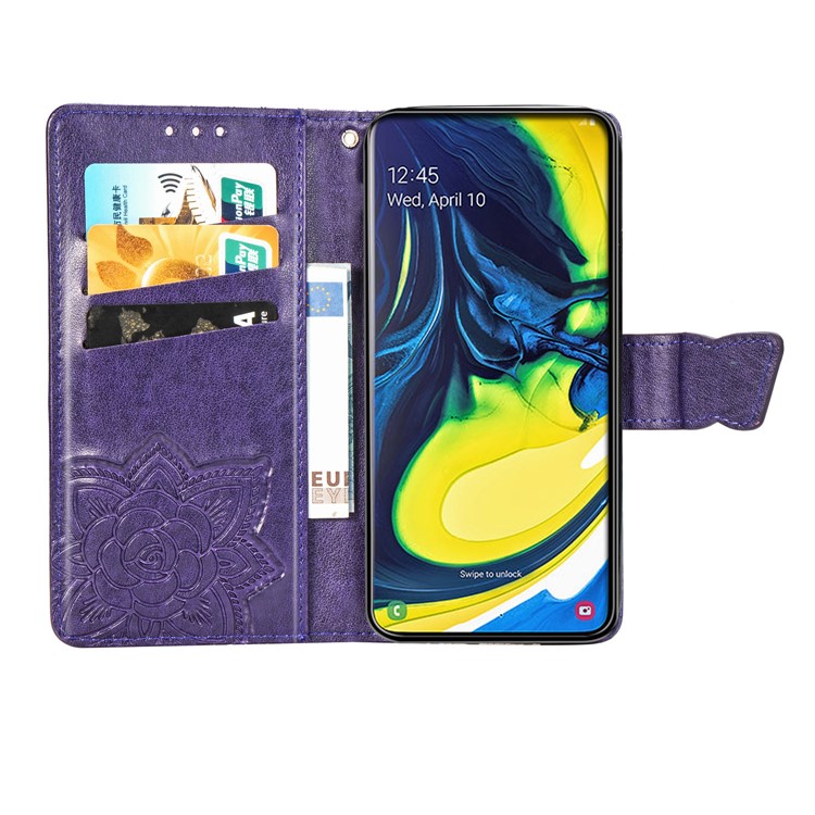 Imprint Butterfly Flower Leather Wallet Case for Samsung Galaxy A80/A90 - Dark Purple-4