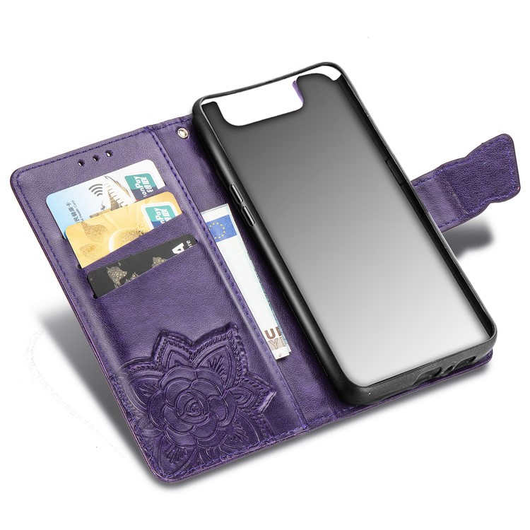 Imprint Butterfly Flower Leather Wallet Case for Samsung Galaxy A80/A90 - Dark Purple-7