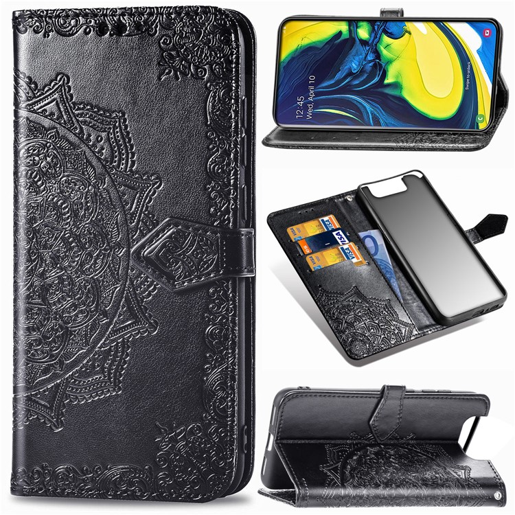 Embossed Mandala Flower Leather Wallet Case for Samsung Galaxy A80/A90 - Black-1