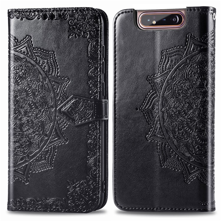 Embossed Mandala Flower Leather Wallet Case for Samsung Galaxy A80/A90 - Black-2