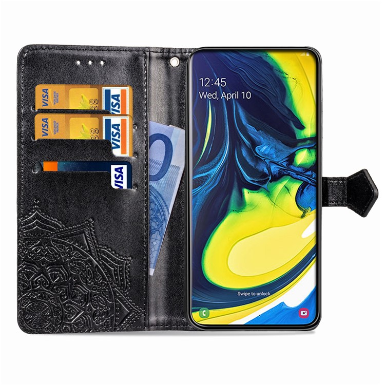 Embossed Mandala Flower Leather Wallet Case for Samsung Galaxy A80/A90 - Black-5