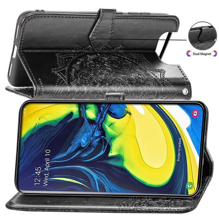 Embossed Mandala Flower Leather Wallet Case for Samsung Galaxy A80/A90 - Black-6