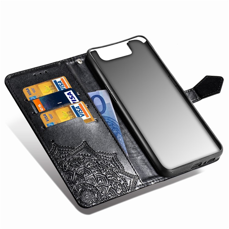 Embossed Mandala Flower Leather Wallet Case for Samsung Galaxy A80/A90 - Black-7