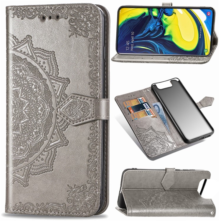 Embossed Mandala Flower Leather Wallet Case for Samsung Galaxy A80/A90 - Grey-1