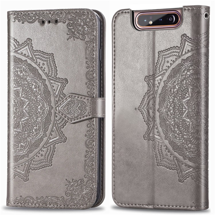 Embossed Mandala Flower Leather Wallet Case for Samsung Galaxy A80/A90 - Grey-2