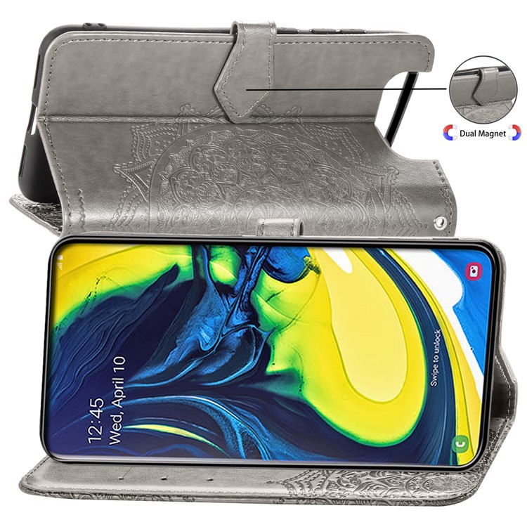 Embossed Mandala Flower Leather Wallet Case for Samsung Galaxy A80/A90 - Grey-6