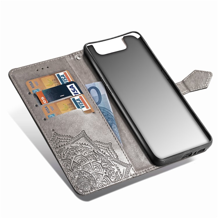 Embossed Mandala Flower Leather Wallet Case for Samsung Galaxy A80/A90 - Grey-7