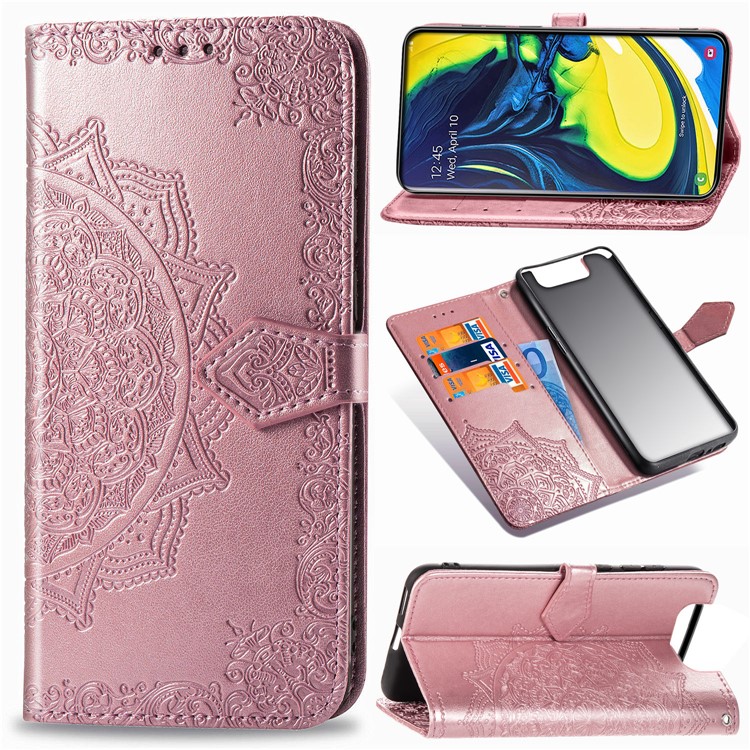 Embossed Mandala Flower Leather Wallet Case for Samsung Galaxy A80/A90 - Rose Gold-1