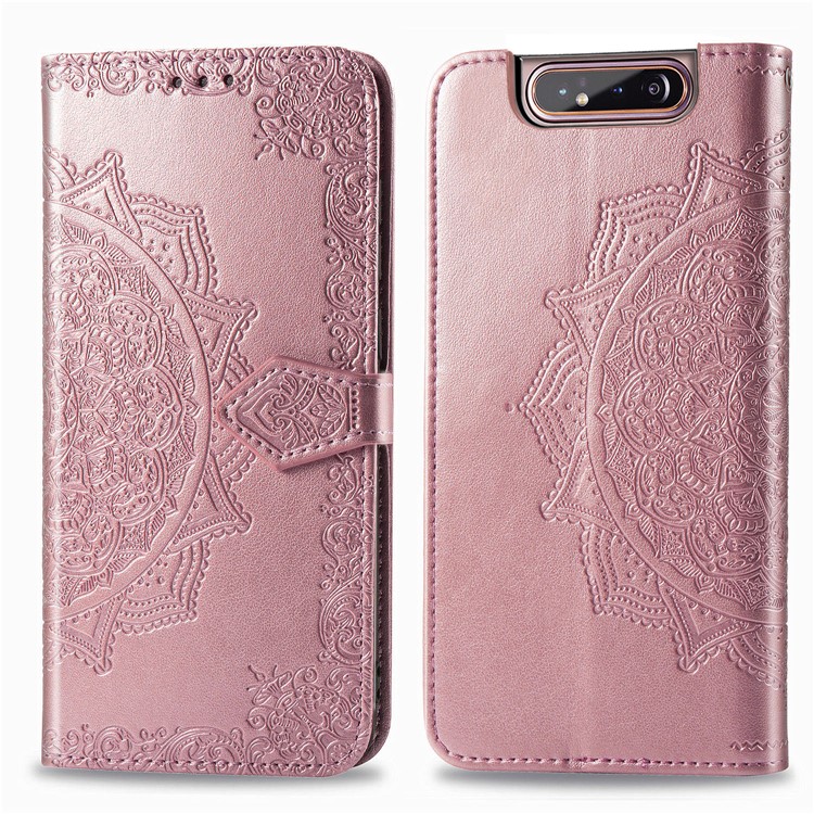 Embossed Mandala Flower Leather Wallet Case for Samsung Galaxy A80/A90 - Rose Gold-2