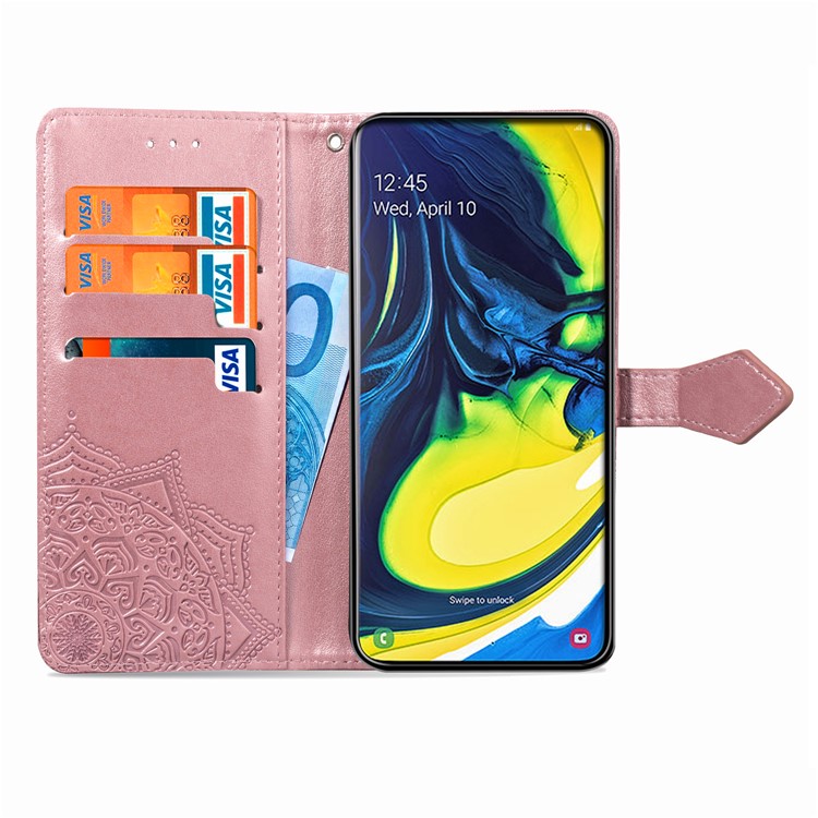 Embossed Mandala Flower Leather Wallet Case for Samsung Galaxy A80/A90 - Rose Gold-5