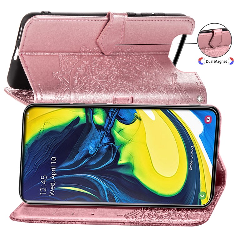 Embossed Mandala Flower Leather Wallet Case for Samsung Galaxy A80/A90 - Rose Gold-6