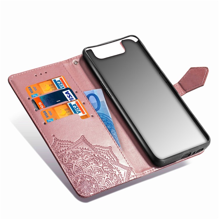 Embossed Mandala Flower Leather Wallet Case for Samsung Galaxy A80/A90 - Rose Gold-7