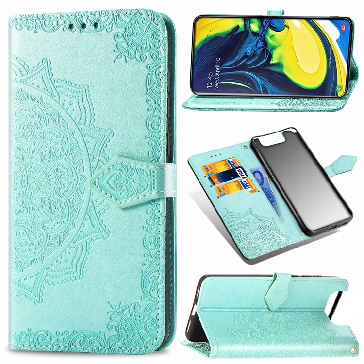 Embossed Mandala Flower Leather Wallet Case for Samsung Galaxy A80/A90 - Cyan-1