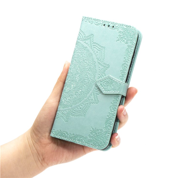Embossed Mandala Flower Leather Wallet Case for Samsung Galaxy A80/A90 - Cyan-10