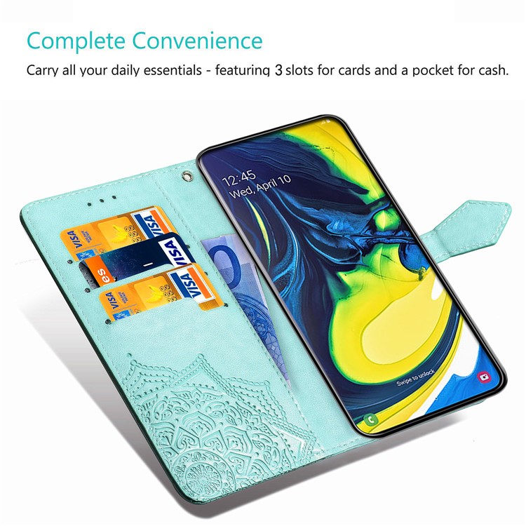Embossed Mandala Flower Leather Wallet Case for Samsung Galaxy A80/A90 - Cyan-11