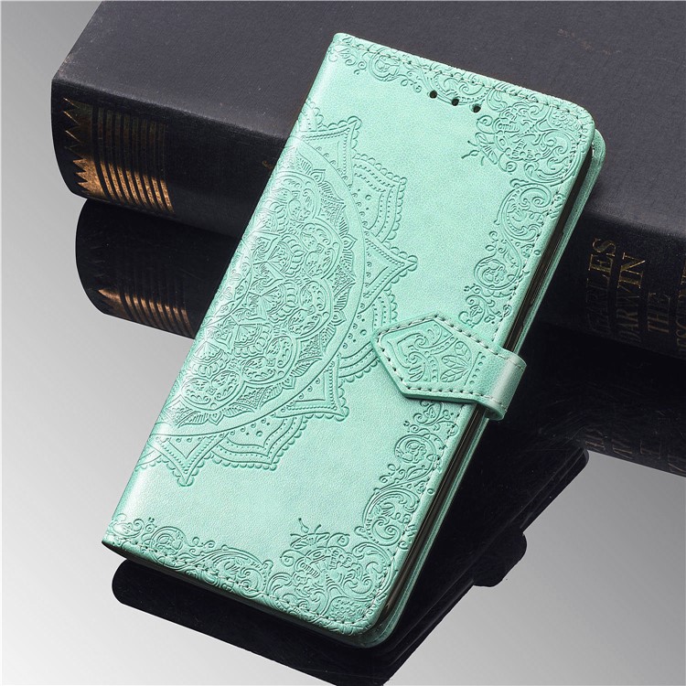 Embossed Mandala Flower Leather Wallet Case for Samsung Galaxy A80/A90 - Cyan-12