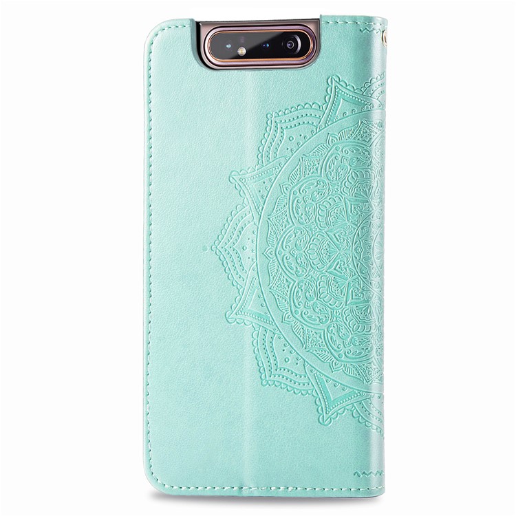 Embossed Mandala Flower Leather Wallet Case for Samsung Galaxy A80/A90 - Cyan-4