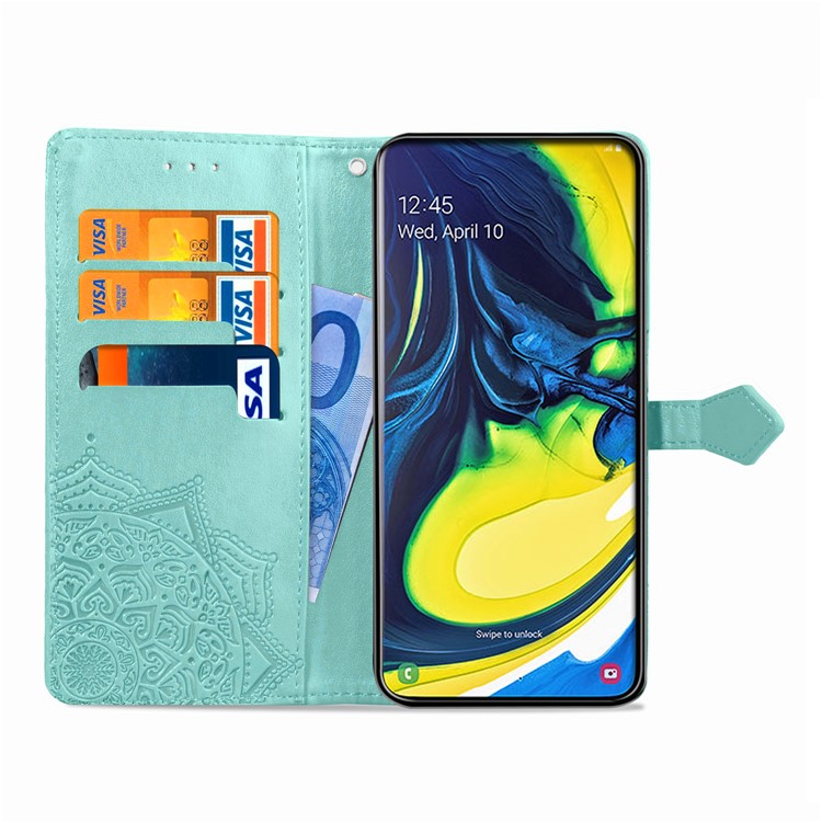 Embossed Mandala Flower Leather Wallet Case for Samsung Galaxy A80/A90 - Cyan-5