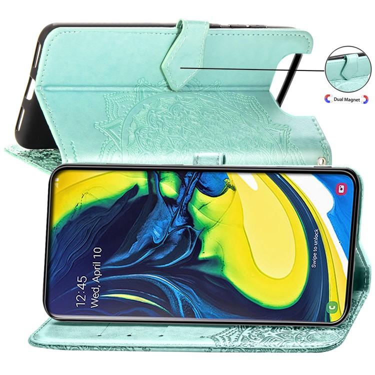 Embossed Mandala Flower Leather Wallet Case for Samsung Galaxy A80/A90 - Cyan-6