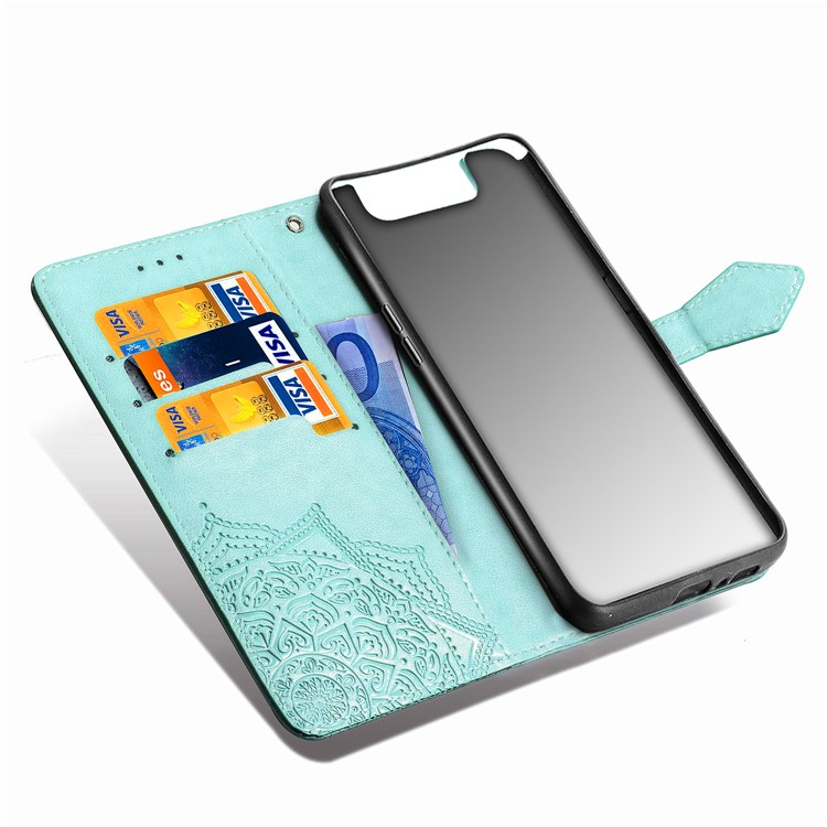 Embossed Mandala Flower Leather Wallet Case for Samsung Galaxy A80/A90 - Cyan-7