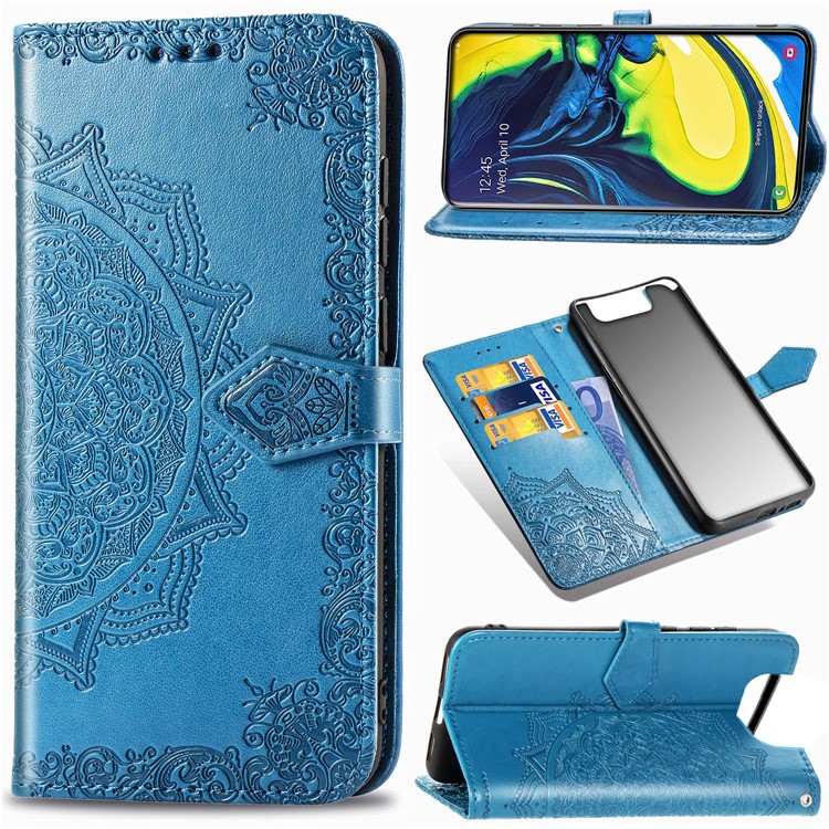 Embossed Mandala Flower Leather Wallet Case for Samsung Galaxy A80/A90 - Blue-1