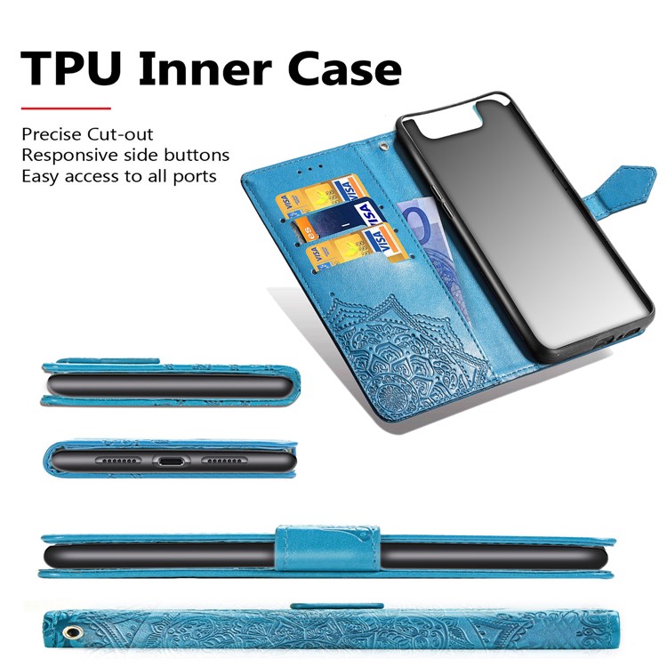 Embossed Mandala Flower Leather Wallet Case for Samsung Galaxy A80/A90 - Blue-11
