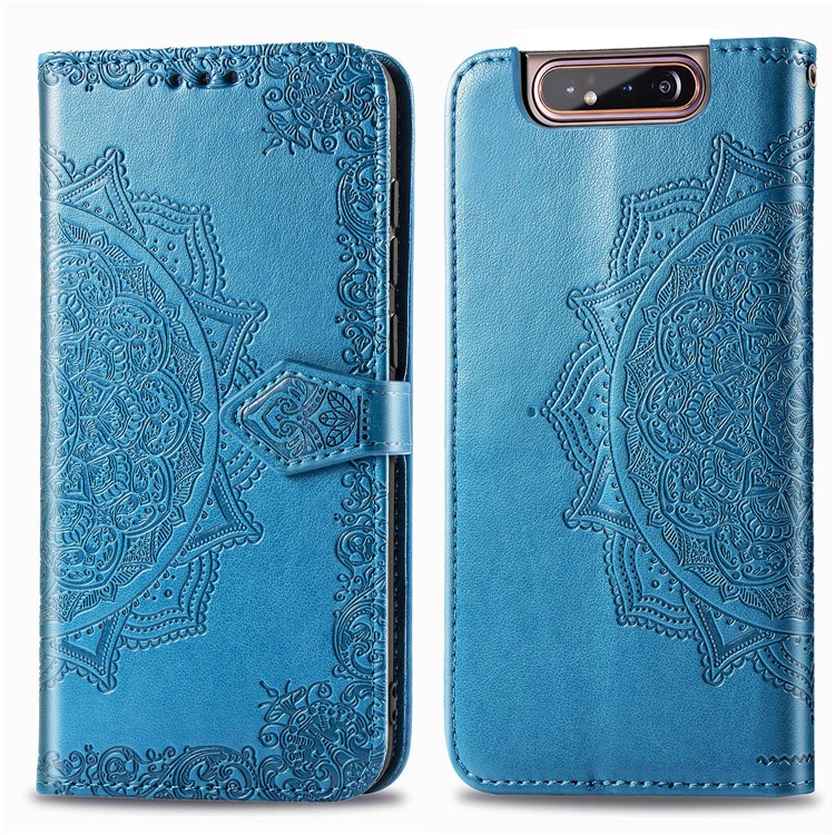 Embossed Mandala Flower Leather Wallet Case for Samsung Galaxy A80/A90 - Blue-2