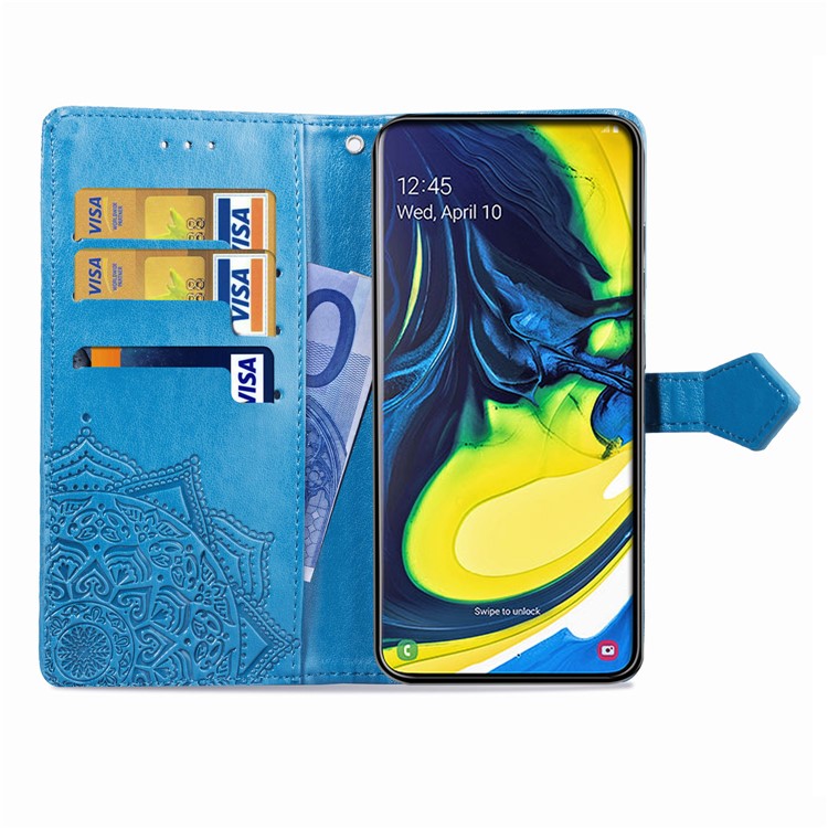 Embossed Mandala Flower Leather Wallet Case for Samsung Galaxy A80/A90 - Blue-5