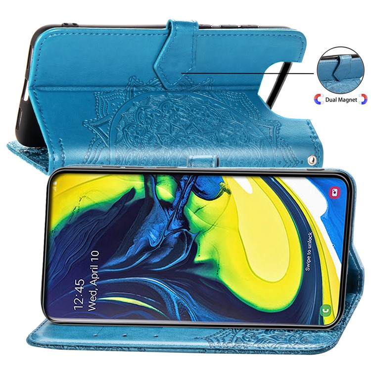 Embossed Mandala Flower Leather Wallet Case for Samsung Galaxy A80/A90 - Blue-6