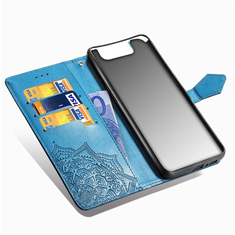 Embossed Mandala Flower Leather Wallet Case for Samsung Galaxy A80/A90 - Blue-7