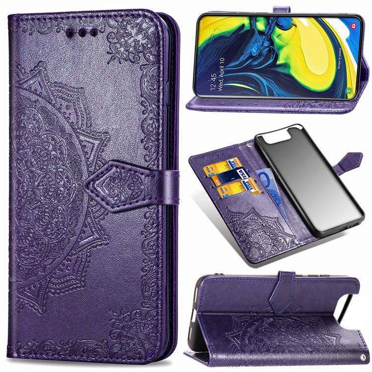 Embossed Mandala Flower Leather Wallet Case for Samsung Galaxy A80/A90 - Purple-1