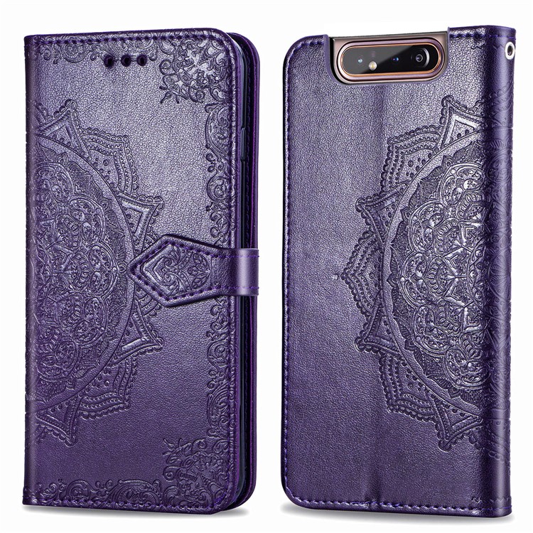 Embossed Mandala Flower Leather Wallet Case for Samsung Galaxy A80/A90 - Purple-2