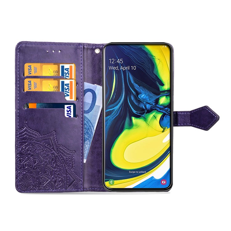 Embossed Mandala Flower Leather Wallet Case for Samsung Galaxy A80/A90 - Purple-5