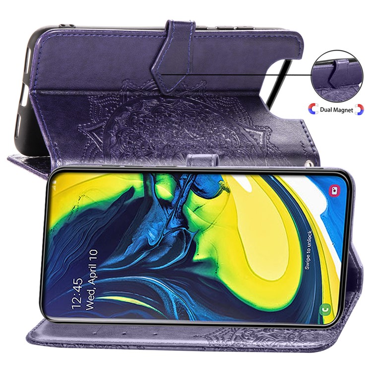 Embossed Mandala Flower Leather Wallet Case for Samsung Galaxy A80/A90 - Purple-6