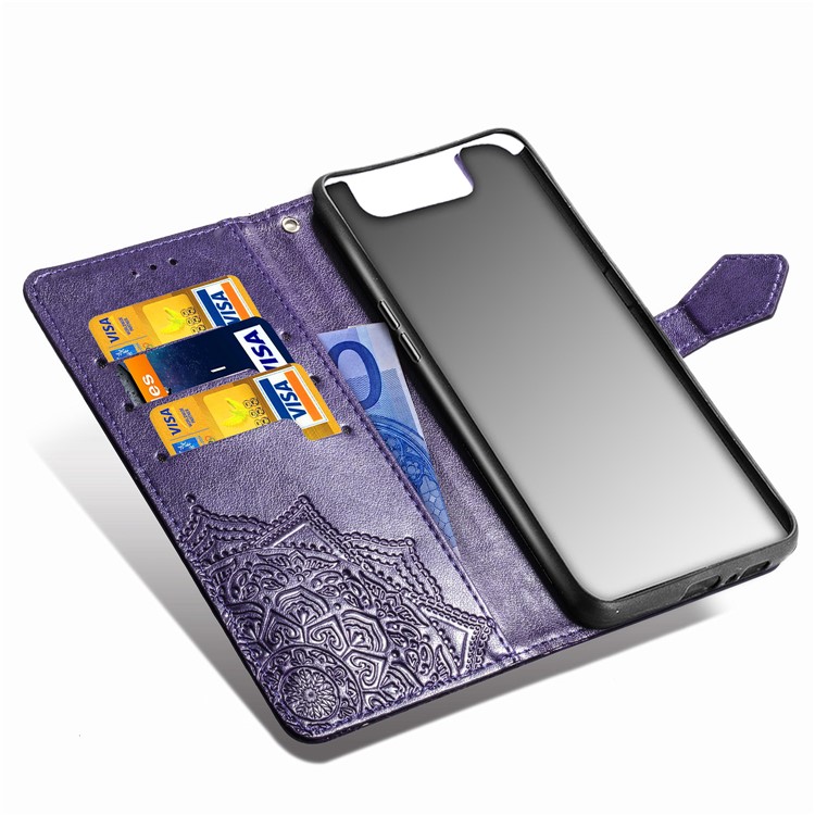 Embossed Mandala Flower Leather Wallet Case for Samsung Galaxy A80/A90 - Purple-7