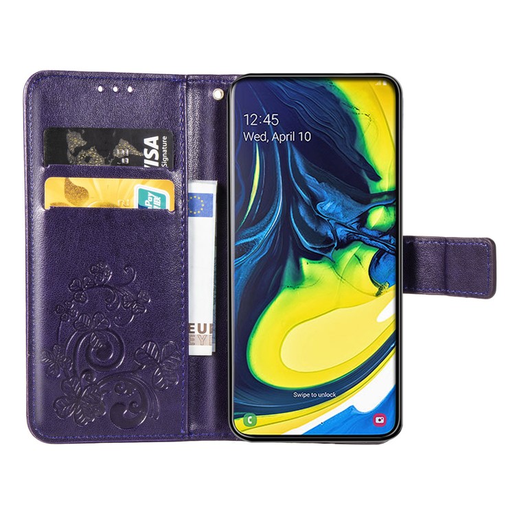 Imprint Clover Pattern Leather Wallet Case for Samsung Galaxy A80/A90 - Purple-4