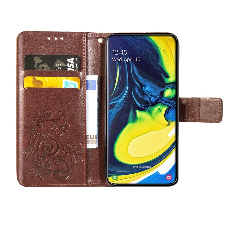 Imprint Clover Pattern Leather Wallet Case for Samsung Galaxy A80/A90 - Brown-4