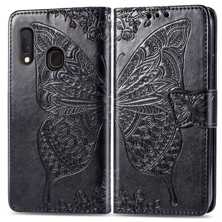 Imprint Butterfly Flower Leather Wallet Case for Samsung Galaxy A20e - Black-1