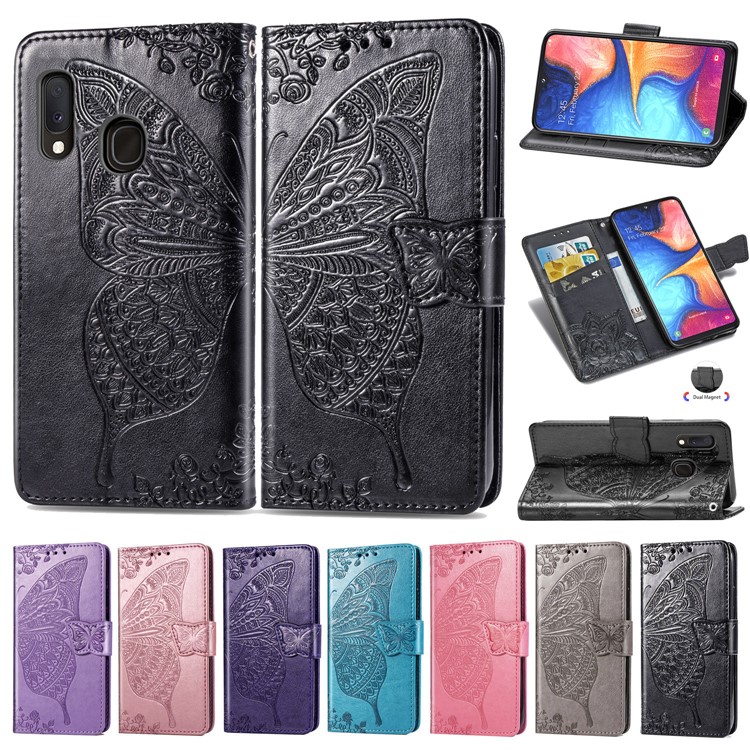 Imprint Butterfly Flower Leather Wallet Case for Samsung Galaxy A20e - Black-18