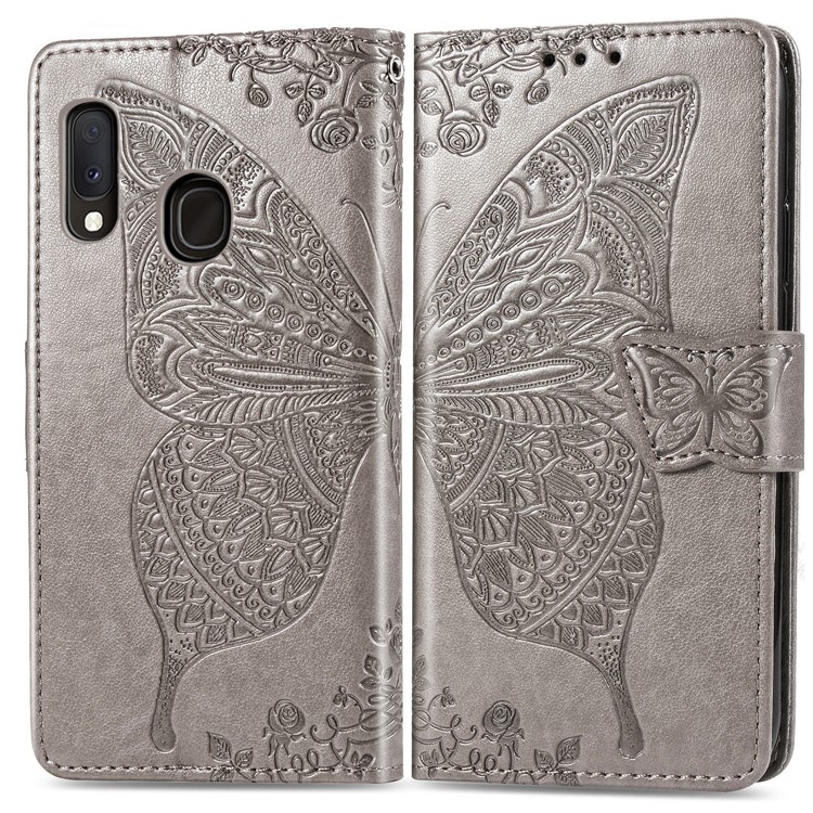 Imprint Butterfly Flower Leather Wallet Case for Samsung Galaxy A20e - Grey-1