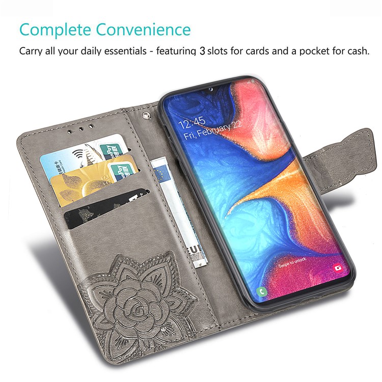 Imprint Butterfly Flower Leather Wallet Case for Samsung Galaxy A20e - Grey-10