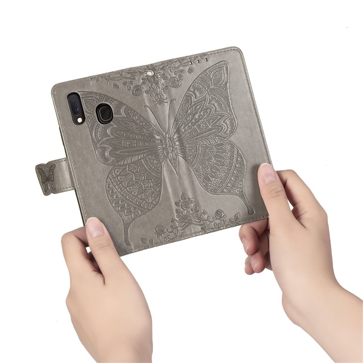 Imprint Butterfly Flower Leather Wallet Case for Samsung Galaxy A20e - Grey-11