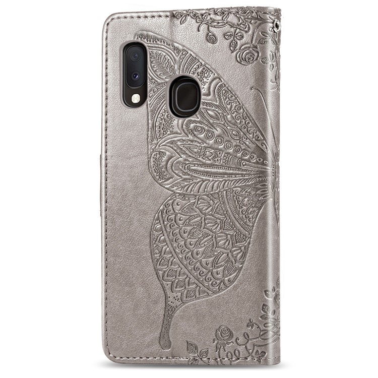Imprint Butterfly Flower Leather Wallet Case for Samsung Galaxy A20e - Grey-3