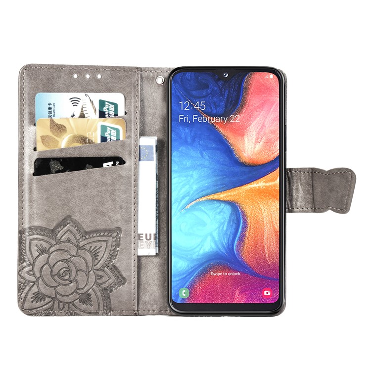 Imprint Butterfly Flower Leather Wallet Case for Samsung Galaxy A20e - Grey-4