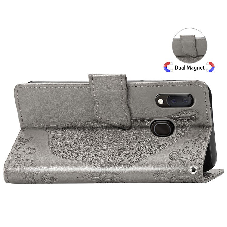 Imprint Butterfly Flower Leather Wallet Case for Samsung Galaxy A20e - Grey-6
