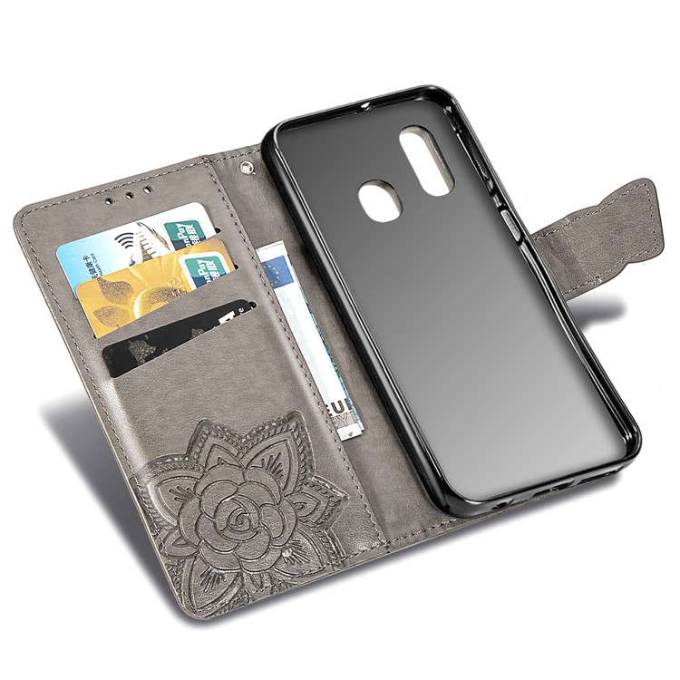 Imprint Butterfly Flower Leather Wallet Case for Samsung Galaxy A20e - Grey-7