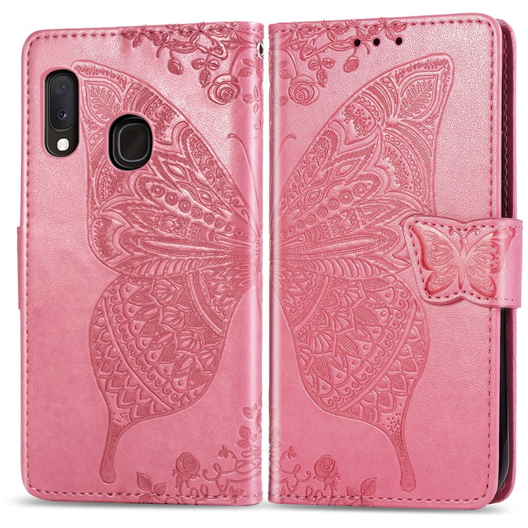 Imprint Butterfly Flower Leather Wallet Case for Samsung Galaxy A20e - Pink-1