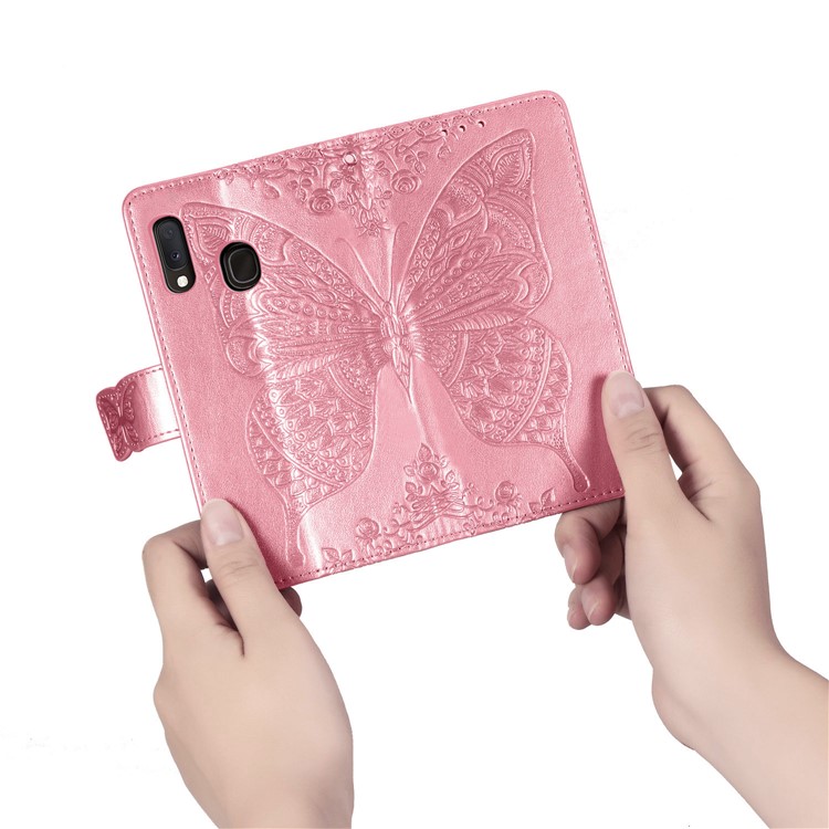Imprint Butterfly Flower Leather Wallet Case for Samsung Galaxy A20e - Pink-10