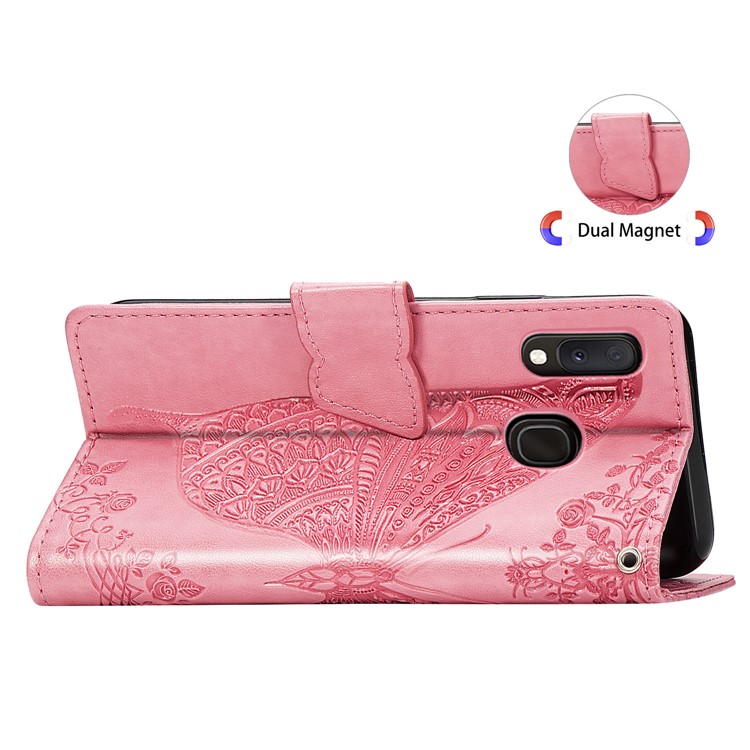 Imprint Butterfly Flower Leather Wallet Case for Samsung Galaxy A20e - Pink-6